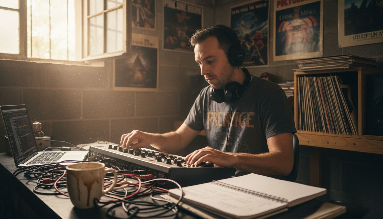 Musician blending genres in basement studio