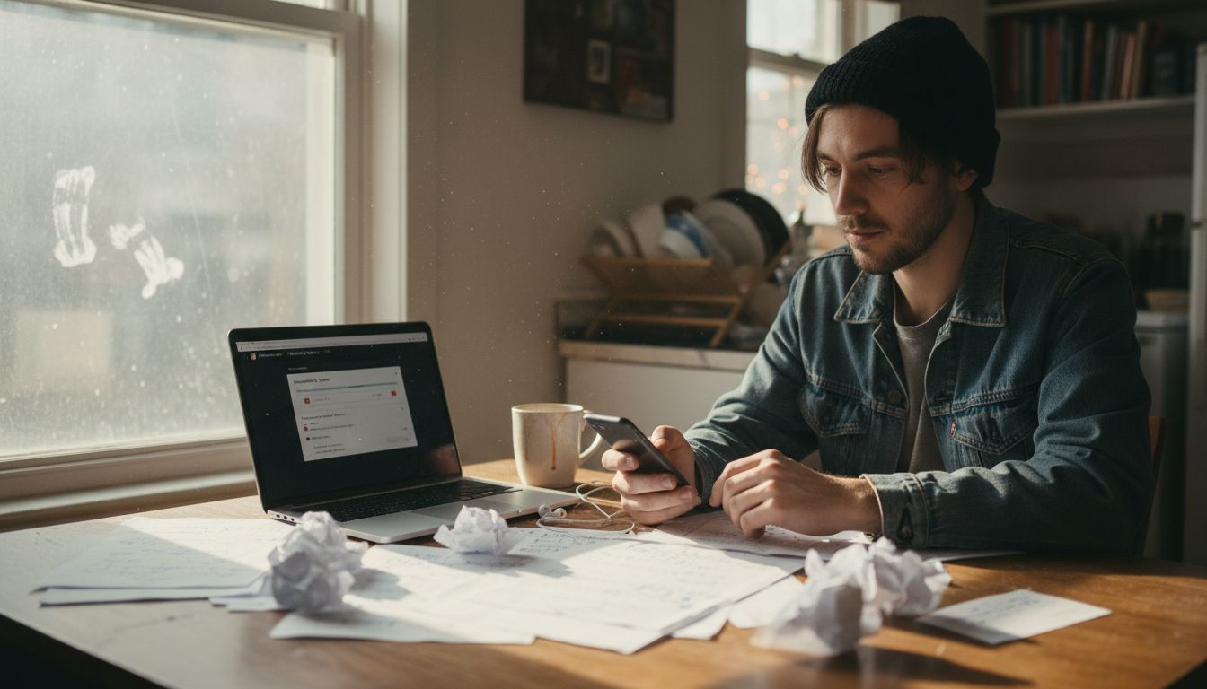 Indie musician uploading music at kitchen table