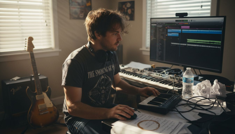 Indie musician working at cluttered home studio