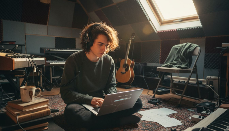 Indie musician uploading music at home studio