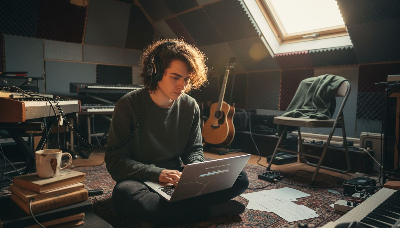 Indie musician uploading music at home studio