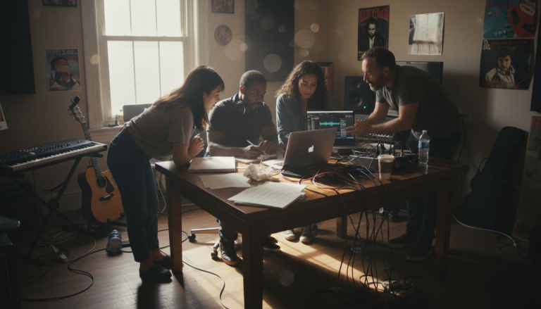 Musicians collaborating in studio with genre mix