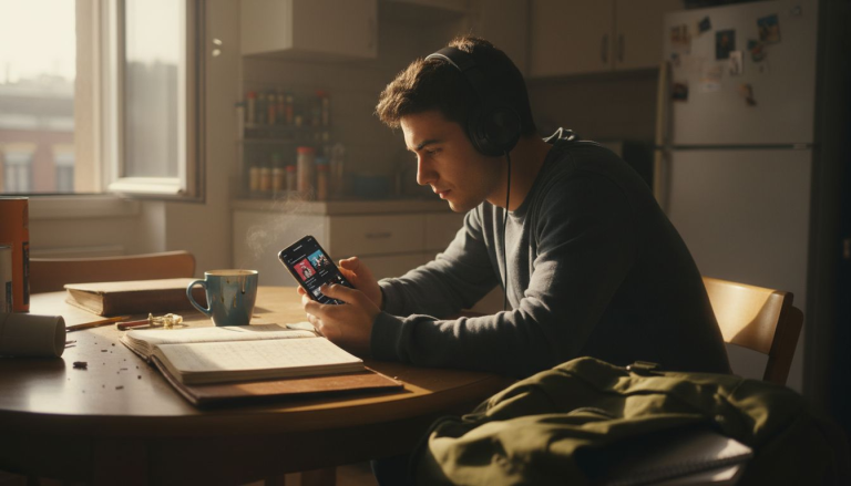 Young adult exploring music playlists at kitchen table