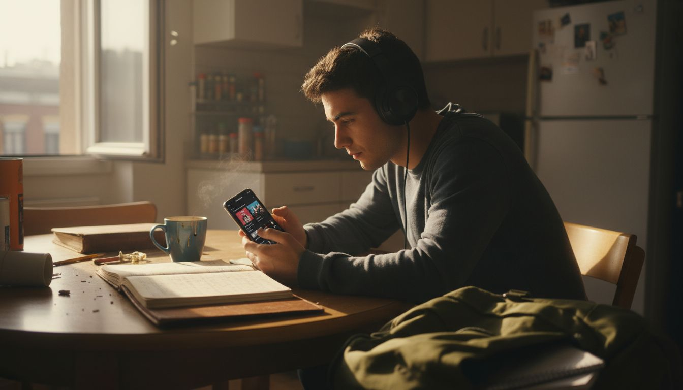 Young adult exploring music playlists at kitchen table