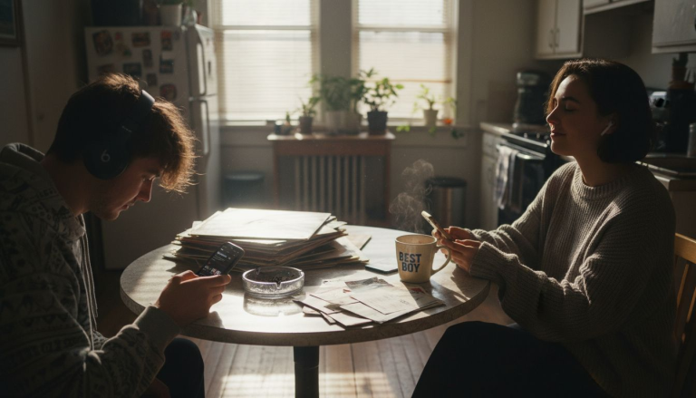 Young adults discovering music together at home