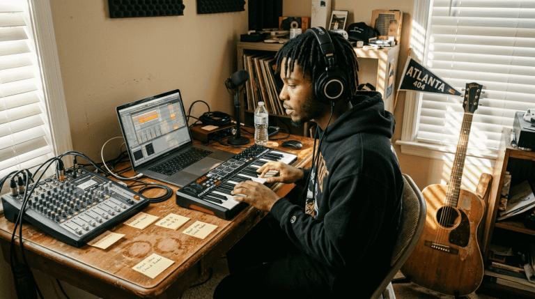 Musician layering tracks in home studio