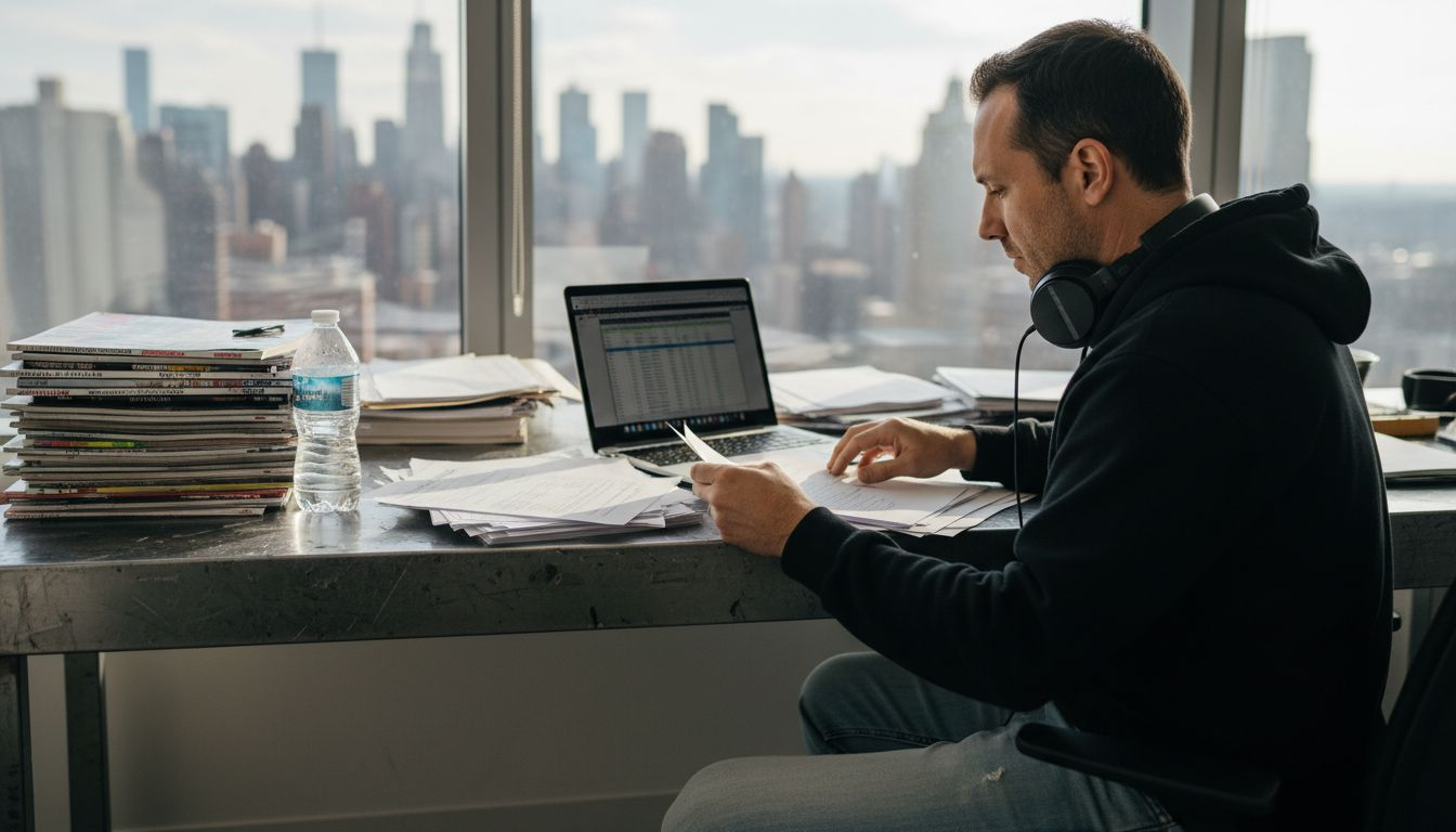 Music manager reviewing industry contracts and news