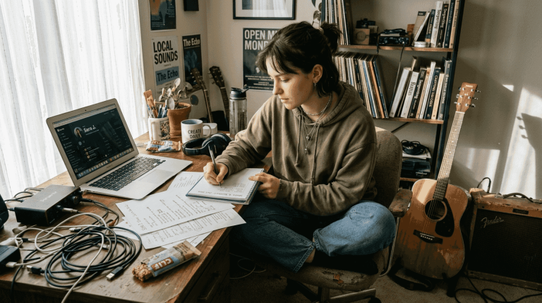 Musician planning marketing at cluttered desk