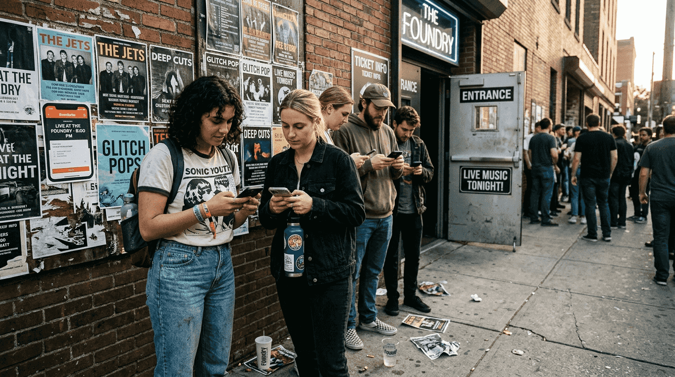 Fans check phones for event alerts at venue
