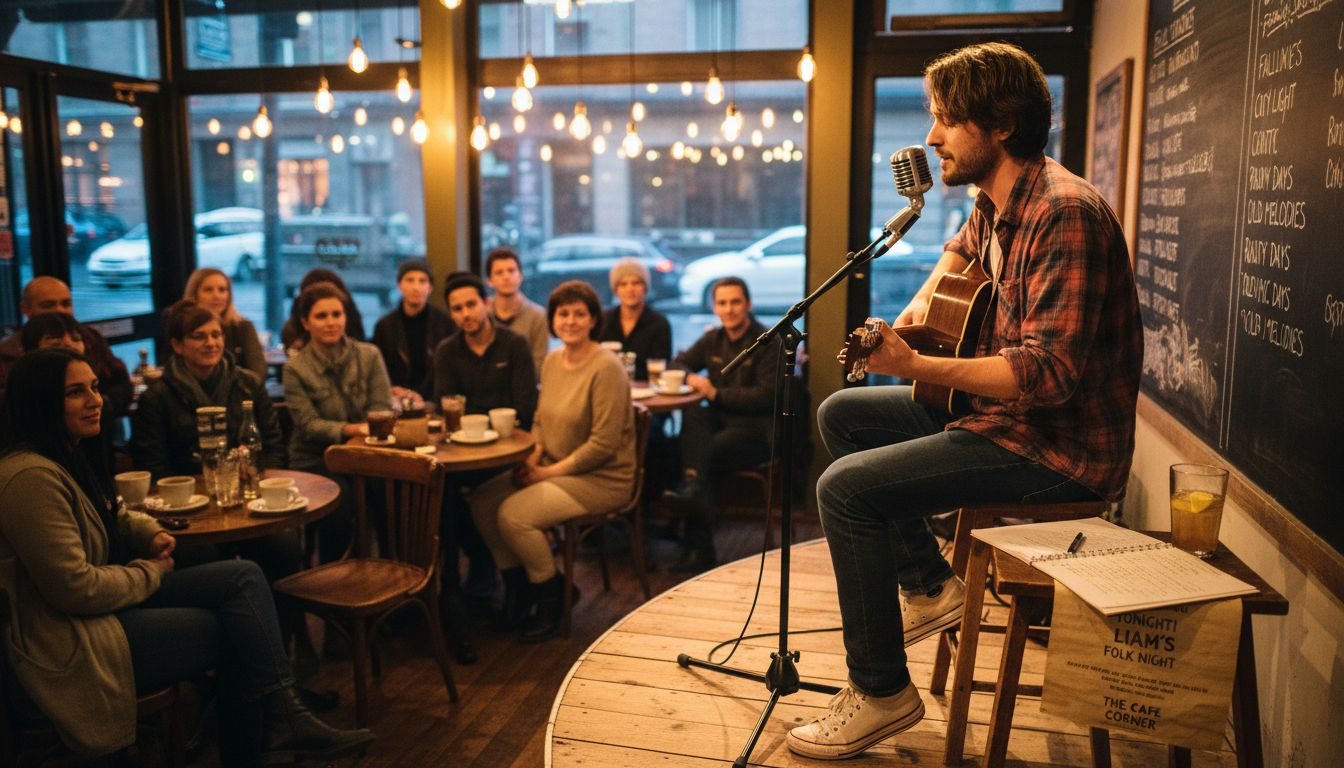 Independent musician performing at cozy cafe venue