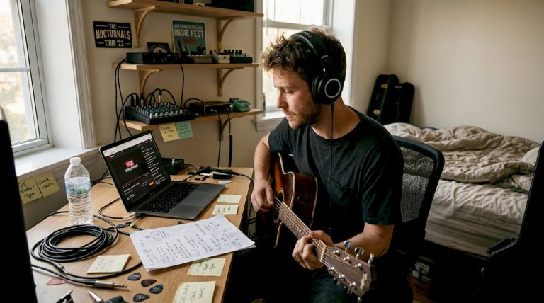 Musician streaming live concert from studio