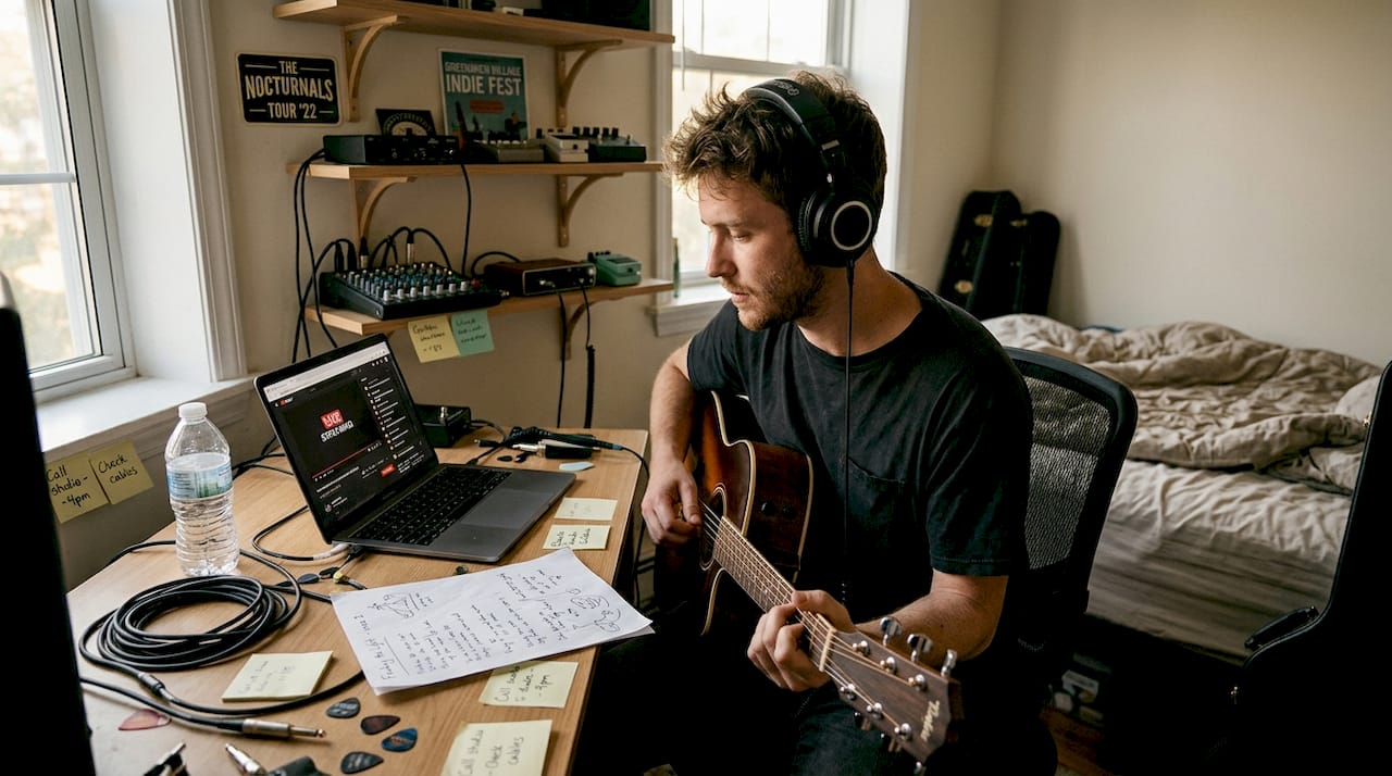 Musician streaming live concert from studio