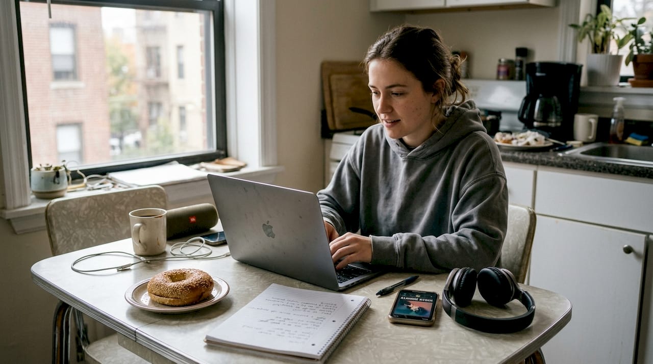 Artist updating music profile in kitchen