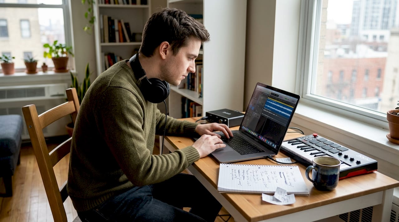 Musician working at digital music hub desk