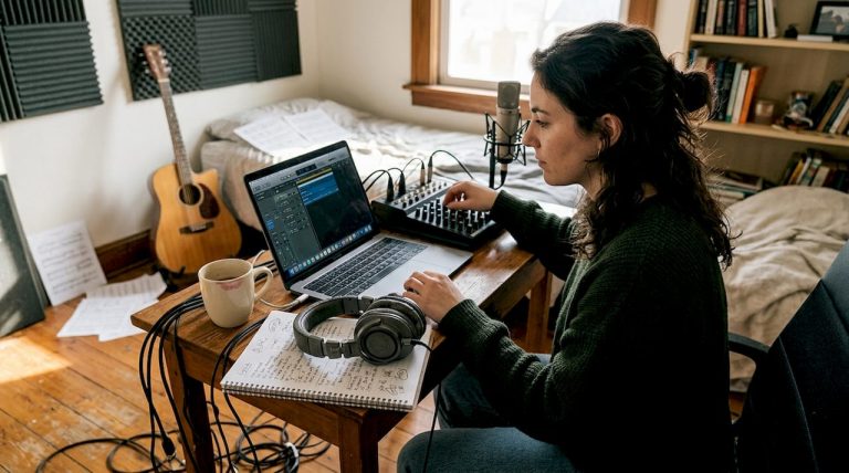 Independent musician working in home studio