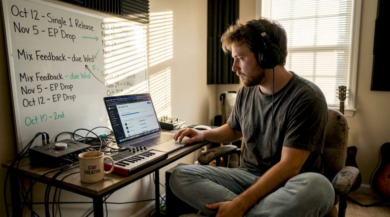 Musician managing releases in cozy home studio
