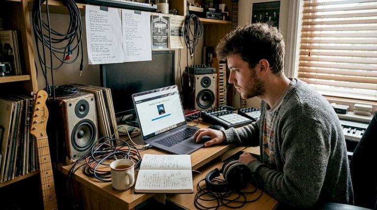 Musician uploading single in cozy home studio