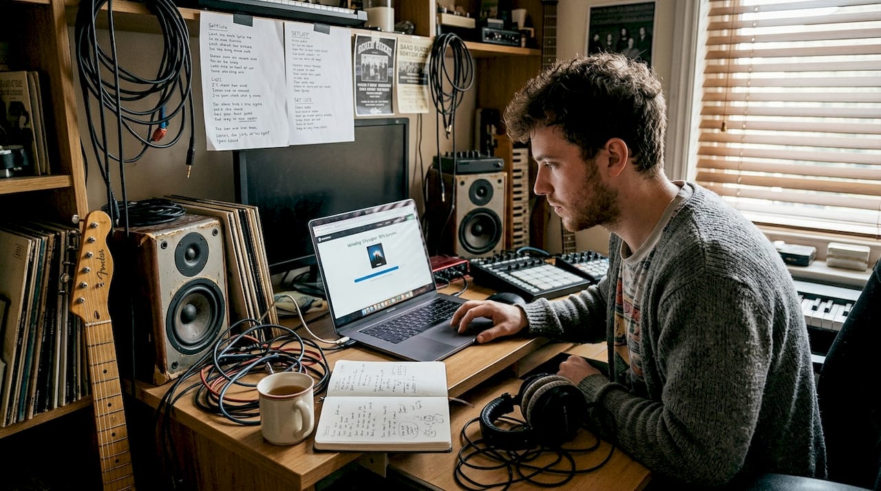 Musician uploading single in cozy home studio