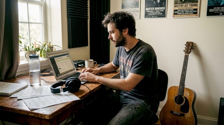 Musician working in cozy home studio