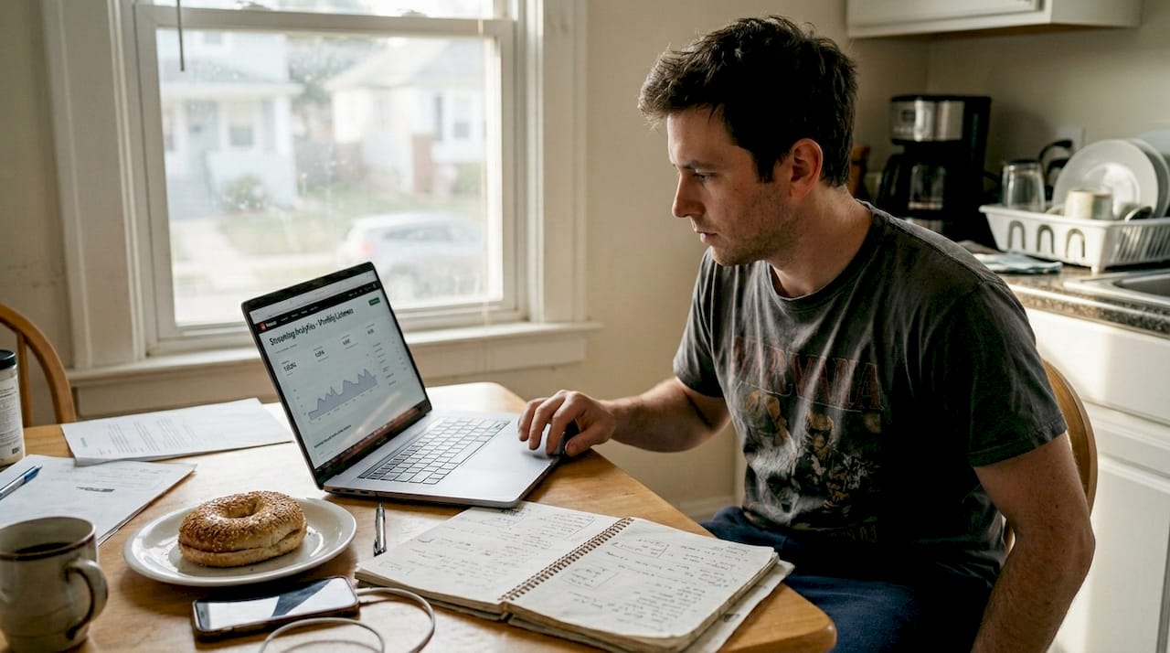 Musician checking streaming stats at kitchen table