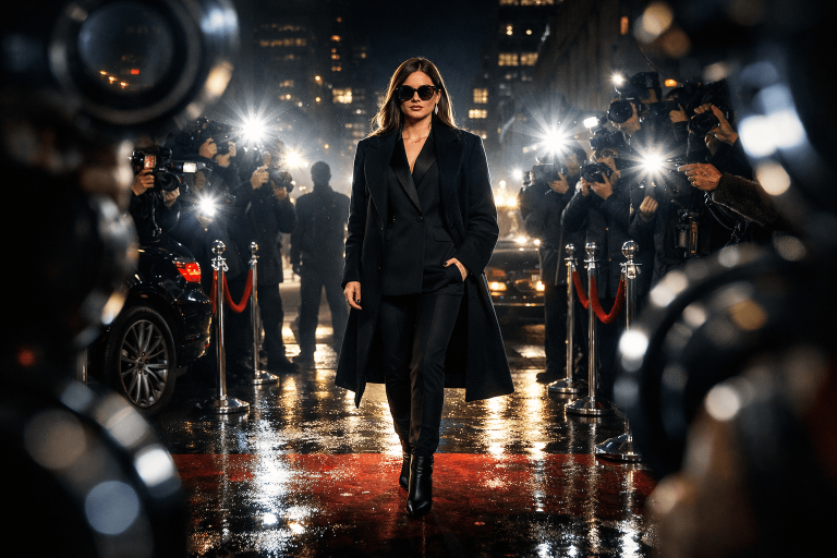 Cinematic image of a glamorous woman stepping into paparazzi flashes at night, symbolizing the dangerous allure of fame in Addison Rae’s “Fame Is a Gun”