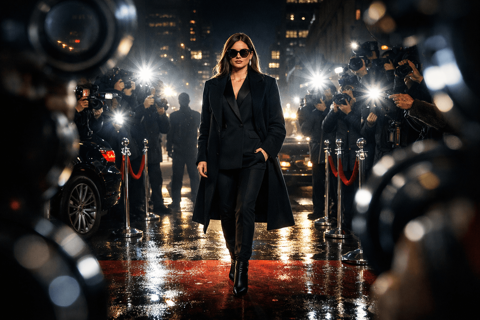 Cinematic image of a glamorous woman stepping into paparazzi flashes at night, symbolizing the dangerous allure of fame in Addison Rae’s “Fame Is a Gun”