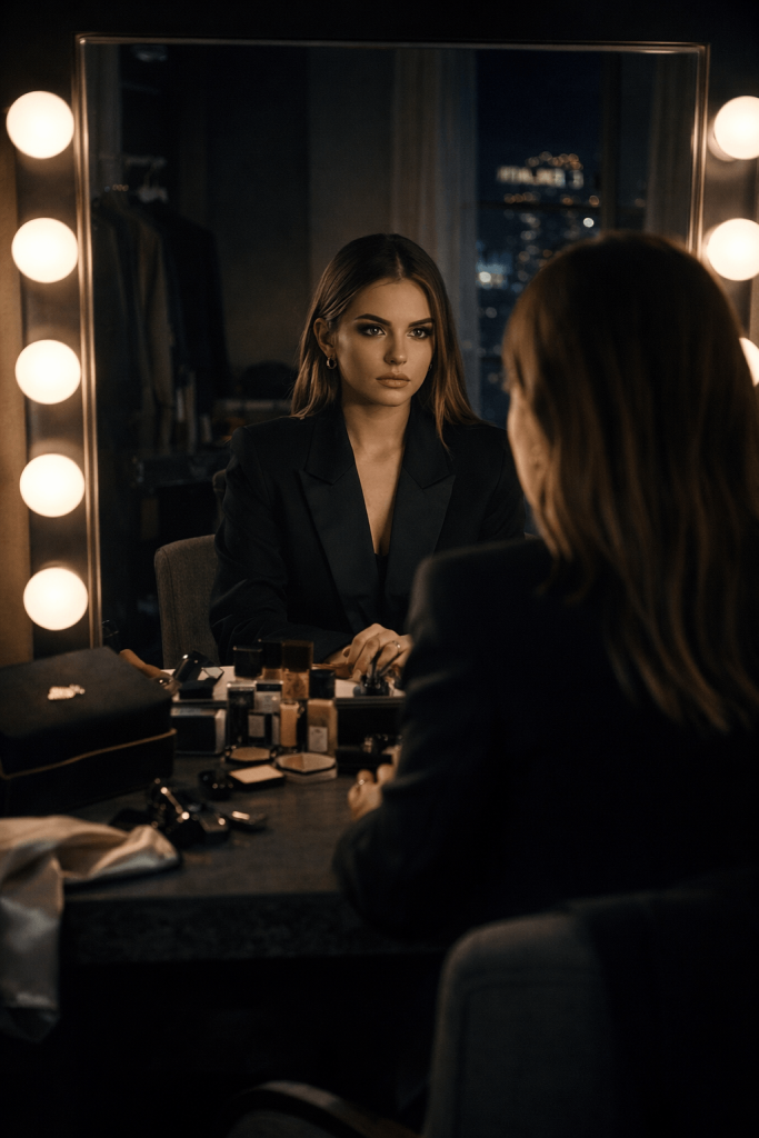Editorial portrait of a woman at a backstage mirror preparing for the spotlight, reflecting self-invention and vulnerability in Addison Rae’s “Fame Is a Gun”