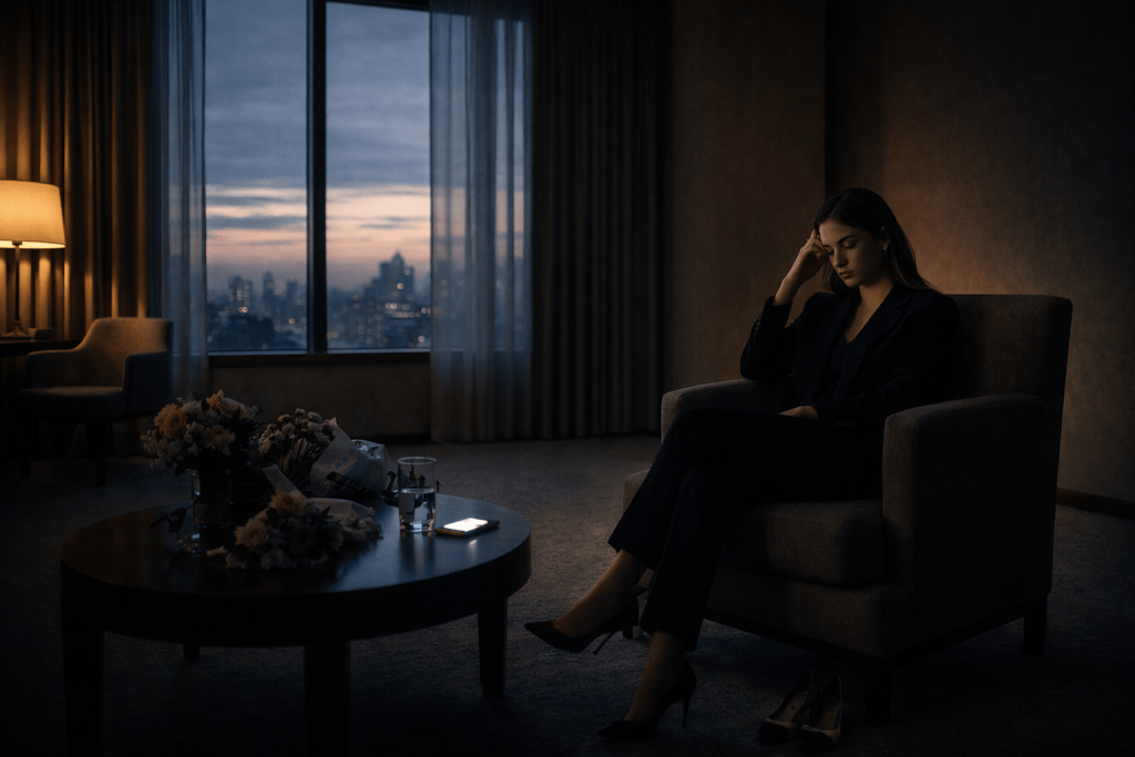 Moody hotel-suite image of a glamorous woman alone after a night of attention, symbolizing the emotional cost of fame in Addison Rae’s “Fame Is a Gun”