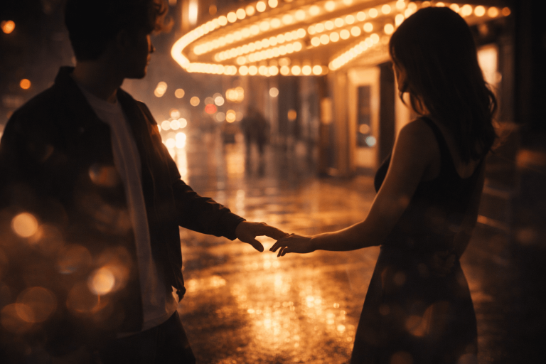 Two anonymous people meeting under cinema marquee lights at night with rain reflections and soft bokeh, capturing the surreal rush of “Fever Dream”