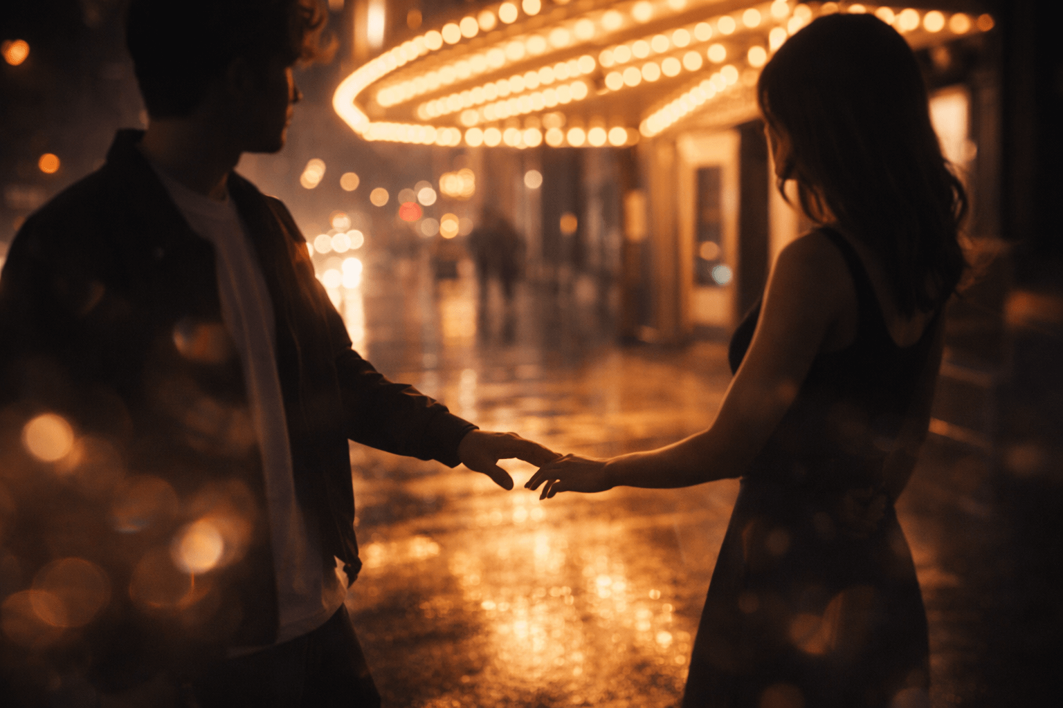 Two anonymous people meeting under cinema marquee lights at night with rain reflections and soft bokeh, capturing the surreal rush of “Fever Dream”