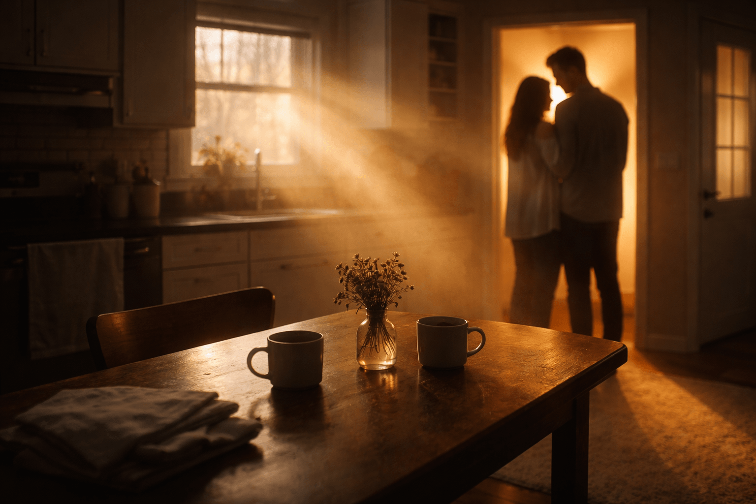 Dawn light flooding an ordinary kitchen with two mugs on the table, symbolizing how love makes life feel sacred in Alex Warren’s “Ordinary”