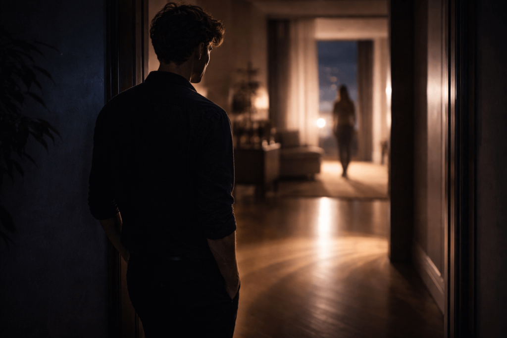 Figure standing in a dark hallway as warm light opens from a nearby room, reflecting emotional exposure and trust in “Aperture”