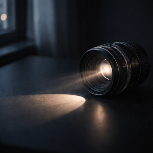Camera lens with partially open aperture projecting a circle of light in a dark room, symbolizing emotional openness and clarity in “Aperture”