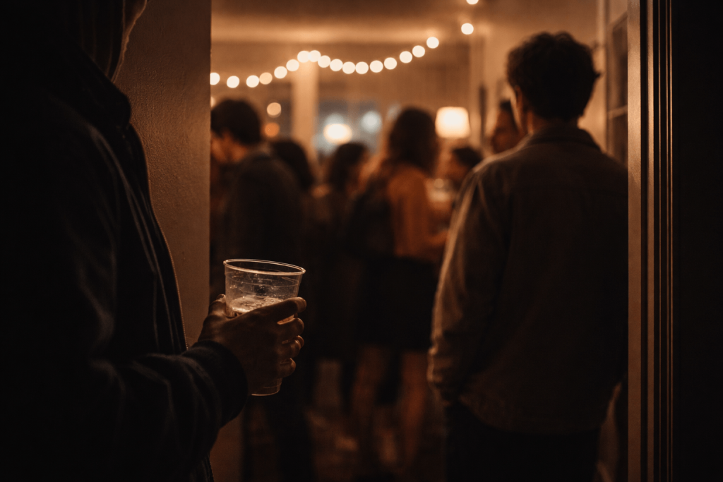 Lone figure standing apart at a warm-lit party while another silhouette turns away, reflecting the stranger feeling in “back to friends”