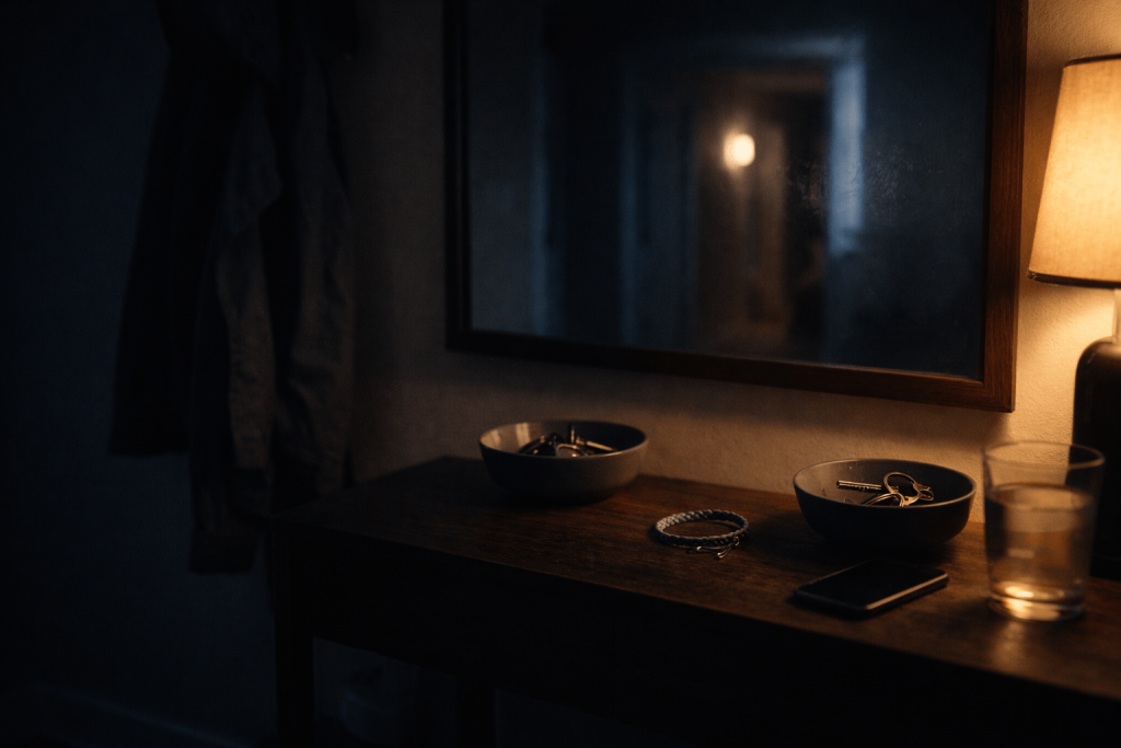 Keys and a left-behind bracelet on an entryway table with an empty mirror reflection, symbolizing emotional erasure in Sombr’s “back to friends”