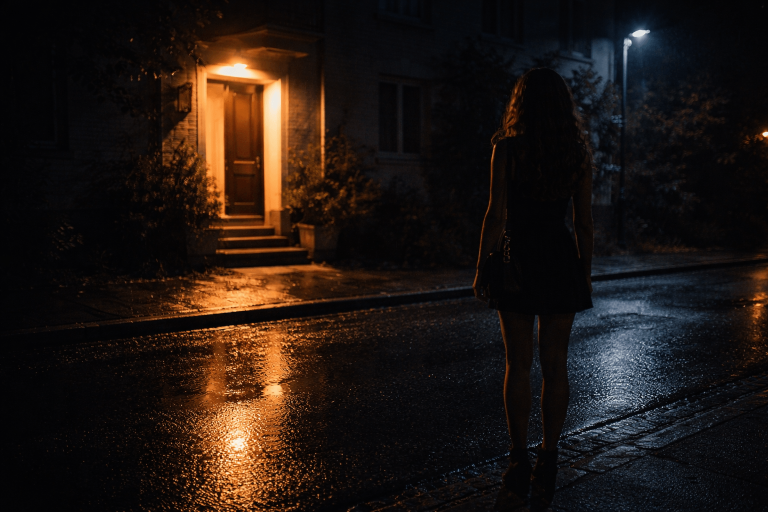 Woman hesitating across from a glowing doorway at night after rain, symbolizing relapse and toxic attraction in Bella Kay’s “iloveitiloveitiloveit”