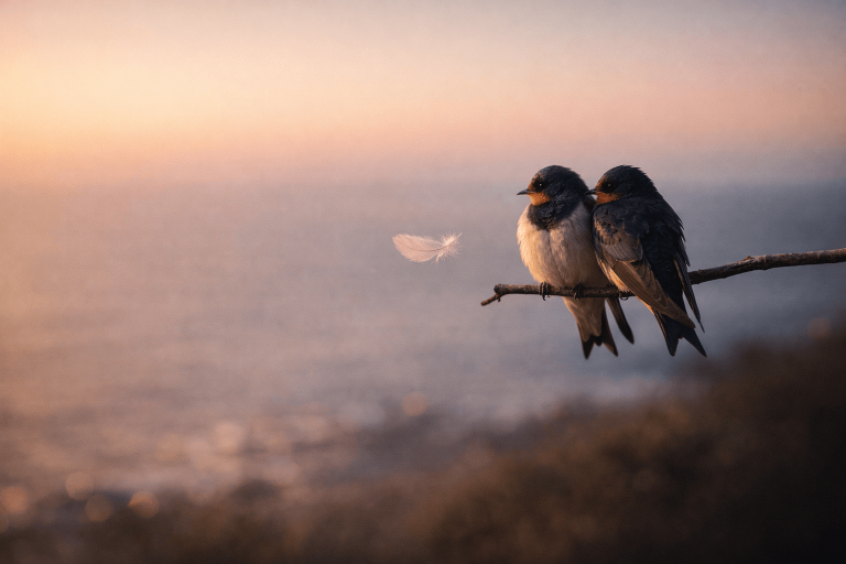 Two birds perched together above a dark ocean at sunset with a drifting feather, symbolizing inseparable love and fear of loss in “BIRDS OF A FEATHER”