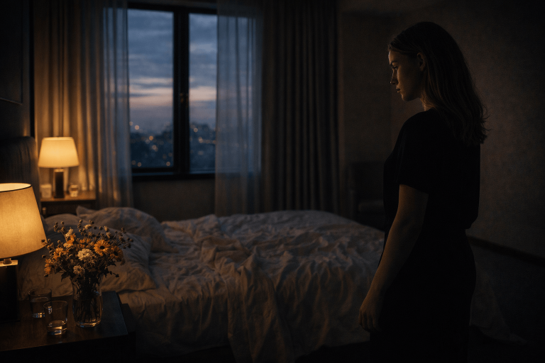 Cinematic bedroom portrait with wildflowers and an empty sense of presence, symbolizing guilt and emotional overlap in Billie Eilish’s “Wildflower”