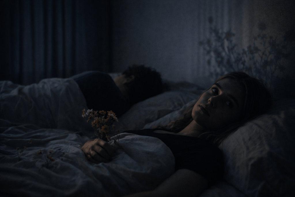 Moody night scene of two people lying together while one remains awake and anxious, symbolizing comparison and lingering memory in Billie Eilish’s “Wildflower”