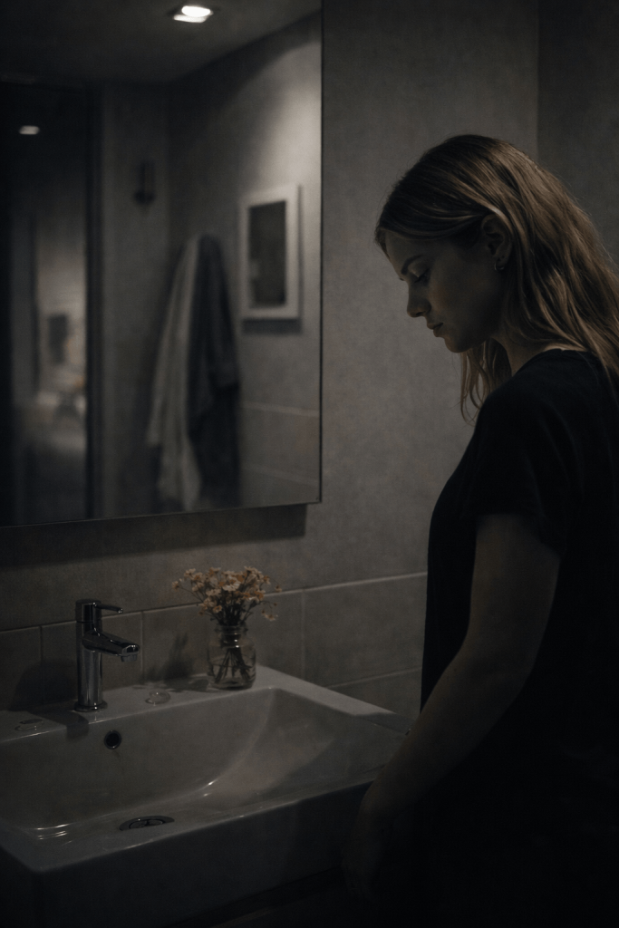 Editorial image of a woman staring at wildflowers beside a bathroom sink, symbolizing guilt and unresolved emotional memory in Billie Eilish’s “Wildflower”