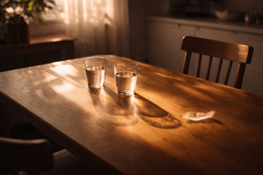 Sunlit table set for two with one chair pulled back and a feather on the surface, reflecting devotion and fear of separation in “BIRDS OF A FEATHER”