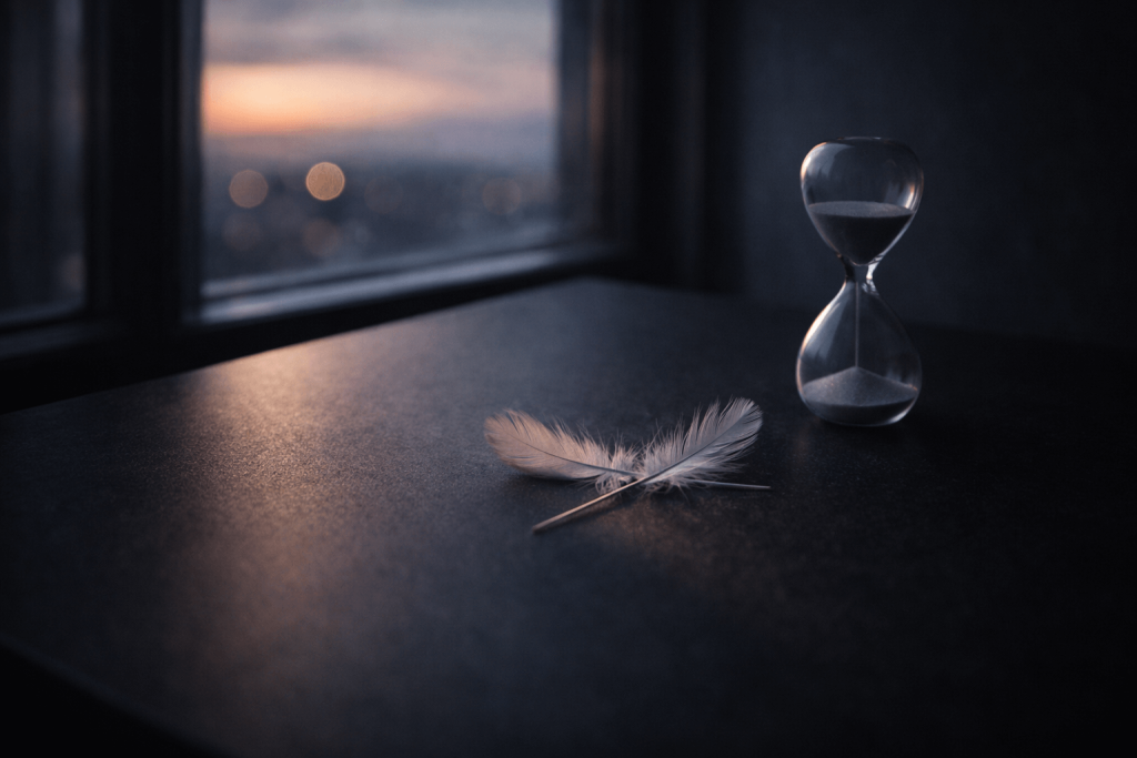 Two crossed feathers beside a small hourglass in fading window light, symbolizing love, time, and mortality in “BIRDS OF A FEATHER”