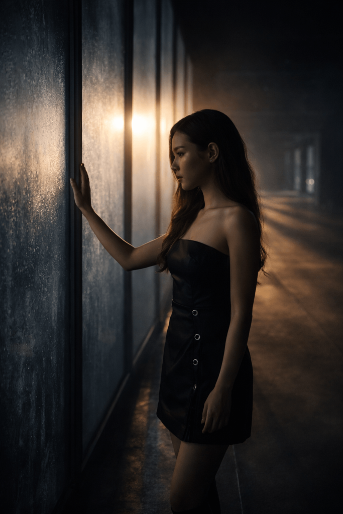 Moody editorial portrait of a woman beside frosted glass as warm light breaks through, symbolizing emotional resilience in BLACKPINK’s “Go”