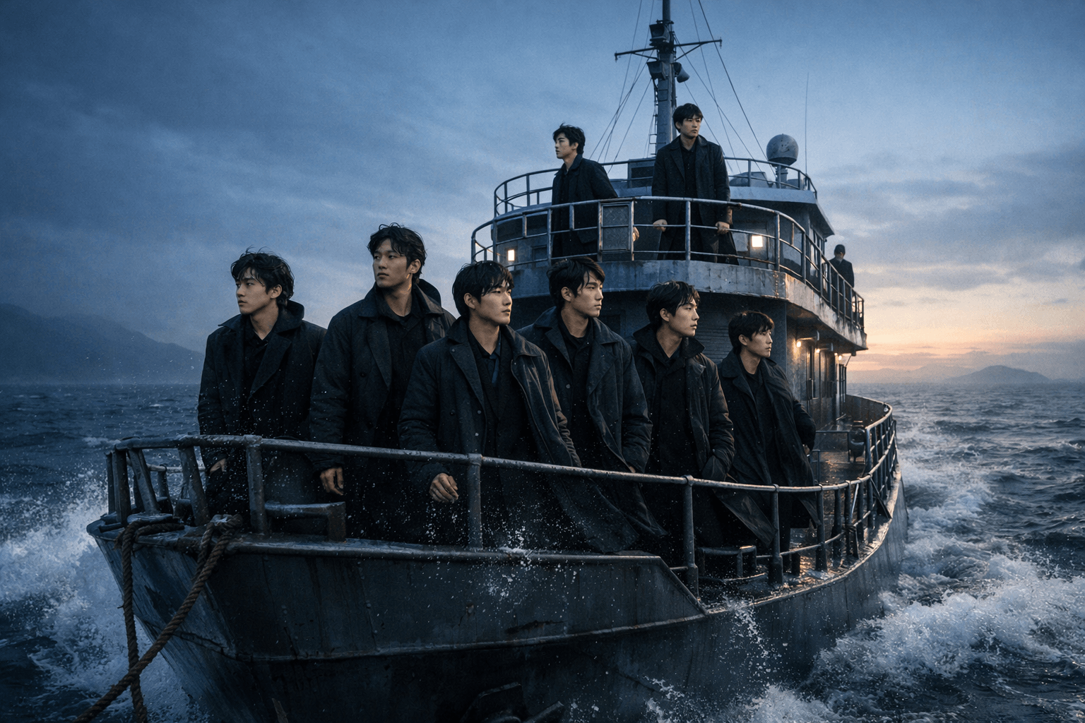 Cinematic ship-at-sea visual representing BTS SWIM meaning, reunion, resilience, and forward motion