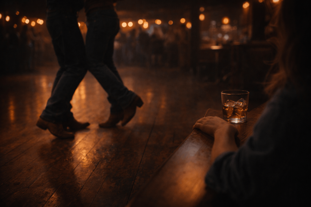 Two-step boots on a dance floor with a woman watching from the bar, reflecting the heartbreak and inevitability in “Choosin’ Texas”