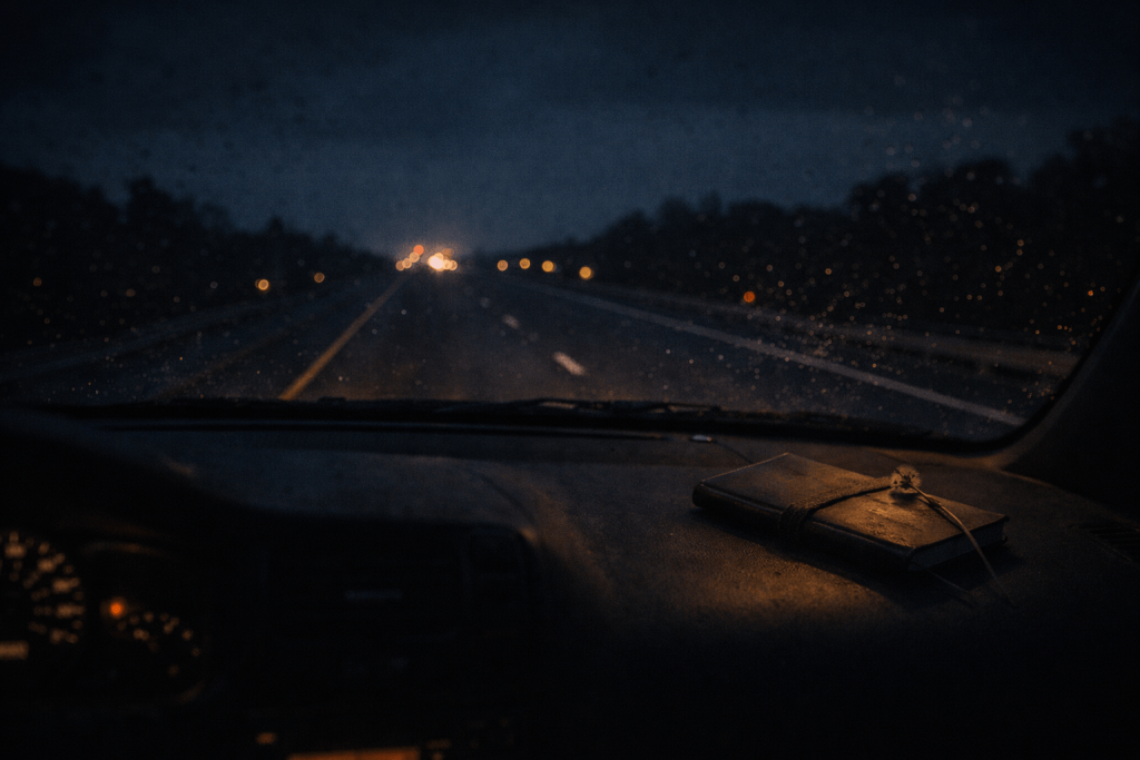 Empty interstate at night viewed through a windshield, symbolizing distance and acceptance in Ella Langley’s “Choosin’ Texas”