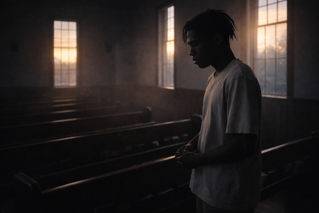 Moody editorial image of a man standing quietly in a chapel at dawn, symbolizing devotion, doubt, and emotional maturity in Daniel Caesar’s “Who Knows”