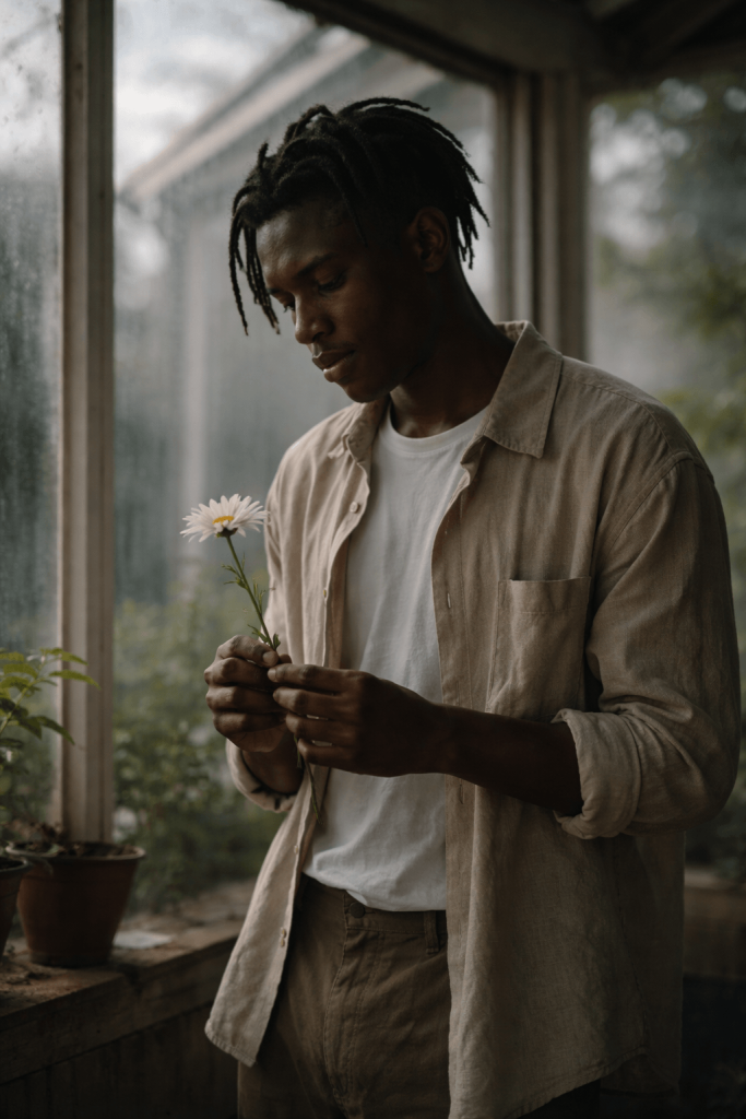 Editorial portrait of a man holding a single flower in a glass room, reflecting the tenderness and emotional responsibility explored in Daniel Caesar’s “Who Knows”