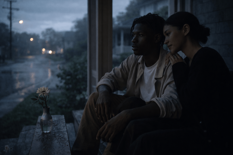 Cinematic porch scene of a couple sitting together after rain, symbolizing the uncertainty and commitment themes in Daniel Caesar’s “Who Knows”