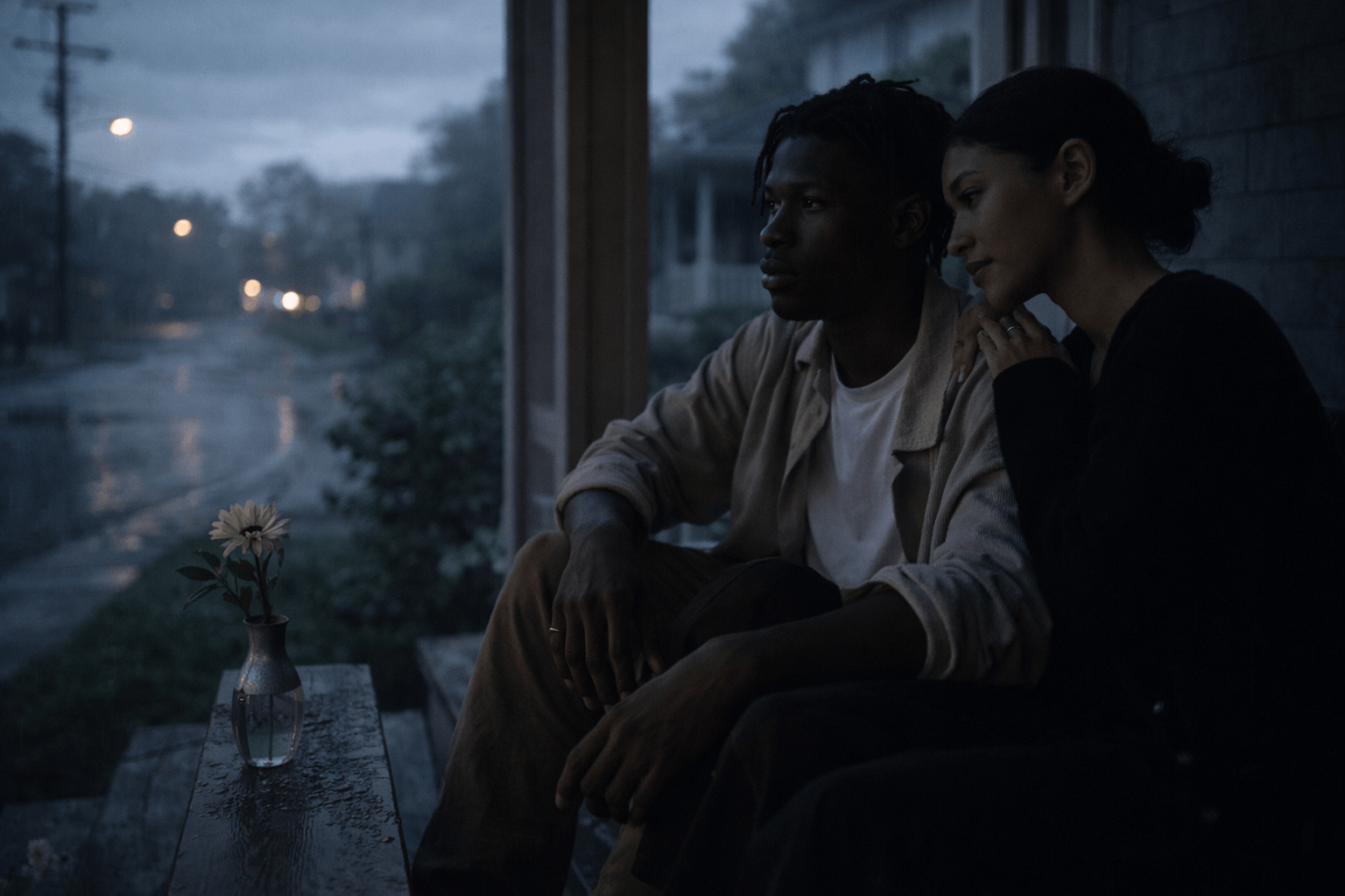Cinematic porch scene of a couple sitting together after rain, symbolizing the uncertainty and commitment themes in Daniel Caesar’s “Who Knows”